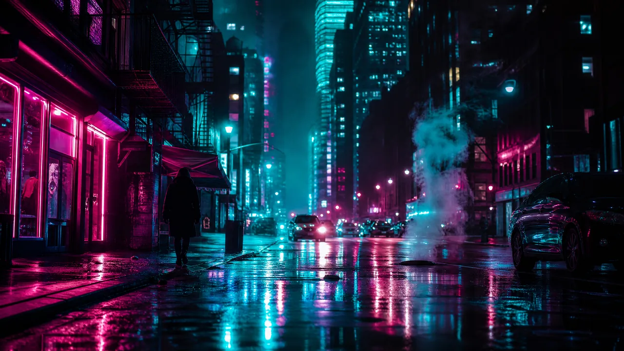 调色后的夜景街道画面，青橙与品红霓虹高对比质感